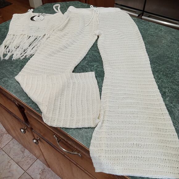 FCT WITH LOVE Crochet Fringe Cami & Pants Set Size XL Cream Beach Vacation Boho - Picture 1 of 16